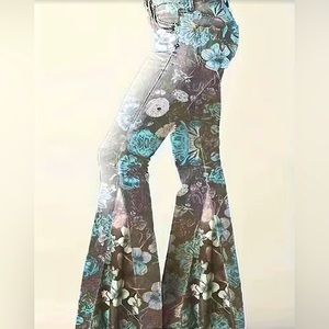 Silky floral wide flare trousers
